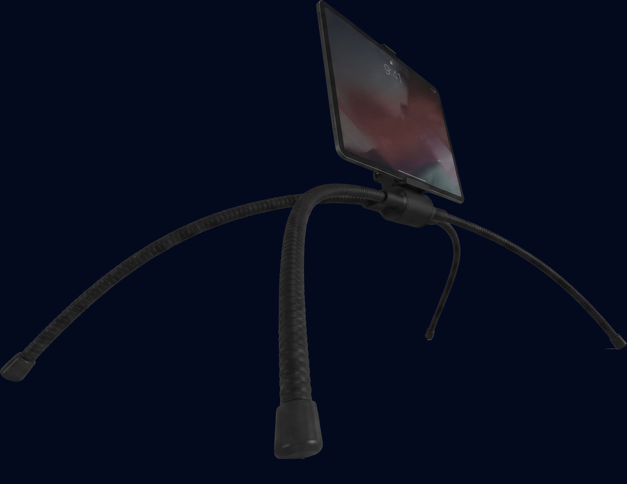 Tablift MaxPro on its three flexible steel legs holding an iPad at an angle, floating in a deep navy studio