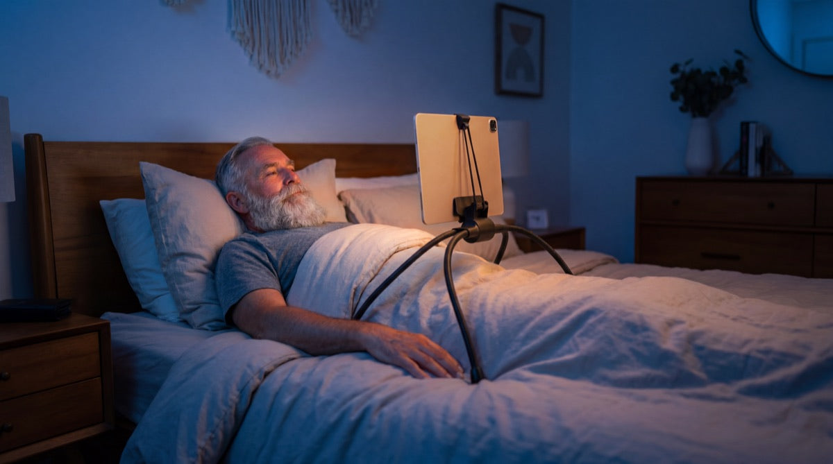 Man resting in bed at night, tablet floating at eye level above him on the Tablift MaxPro stand