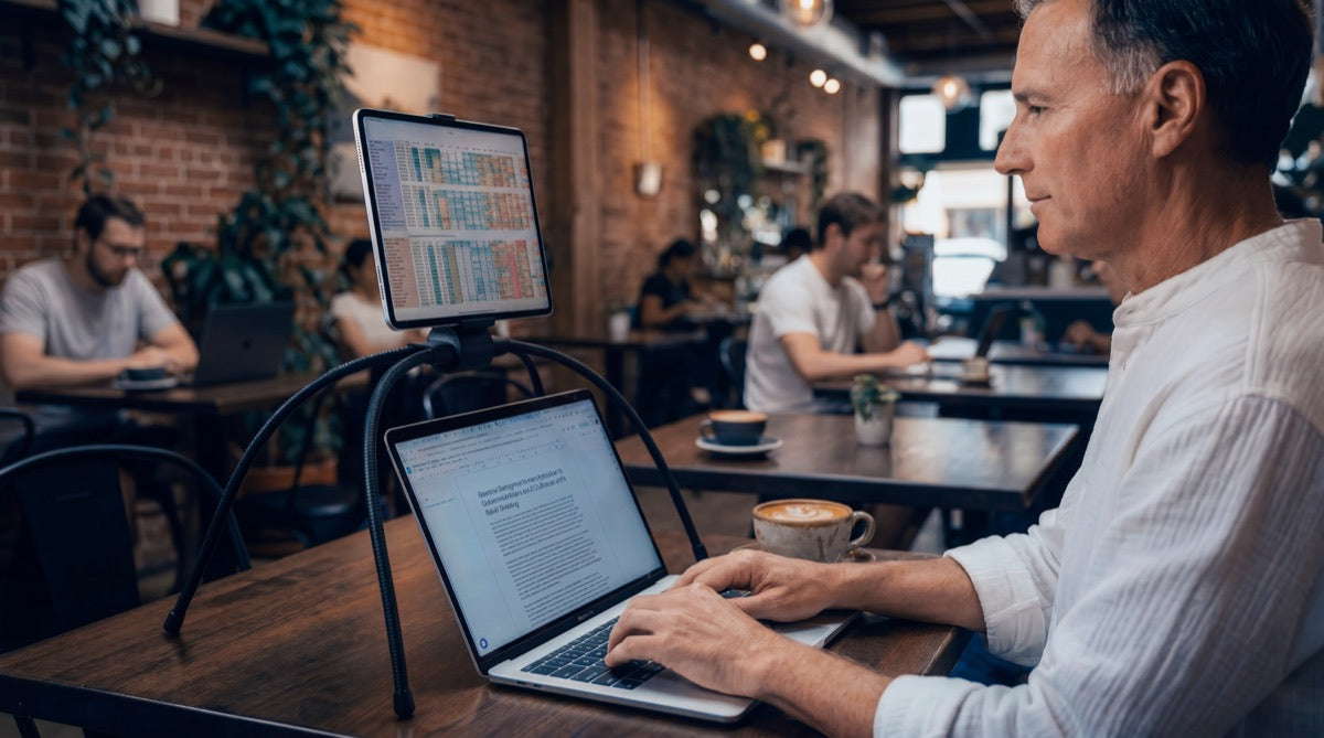 Man working in a caf&eacute; with a tablet raised as a second screen above his laptop on the Tablift MaxPro