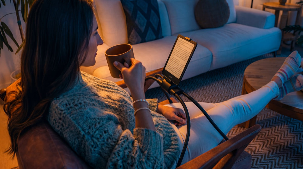 Person reading an e-reader hands-free on the couch, coffee in hand, e-reader held by the Tablift MaxPro