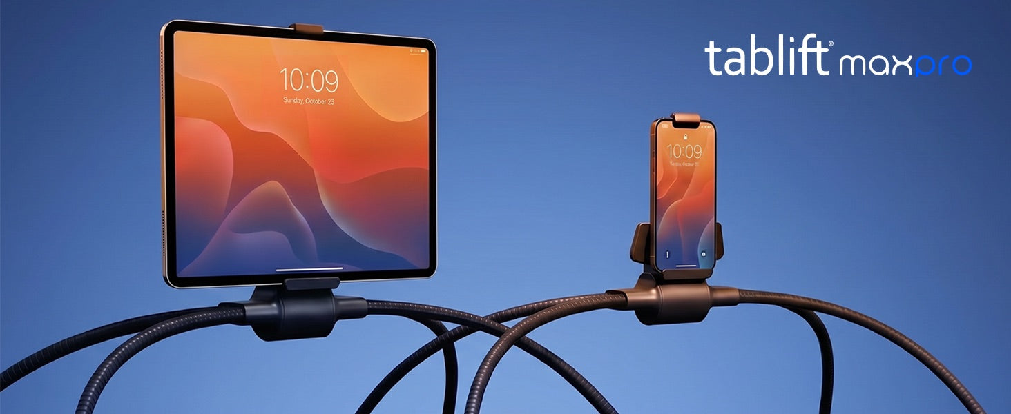 Tablift MaxPro holding a tablet and a phone on flexible gooseneck legs against a dark blue background